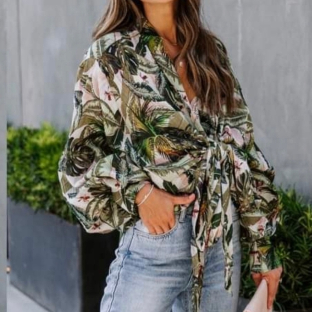 Vici Green Button Down Blouse with Tie Front and Notched Collar
